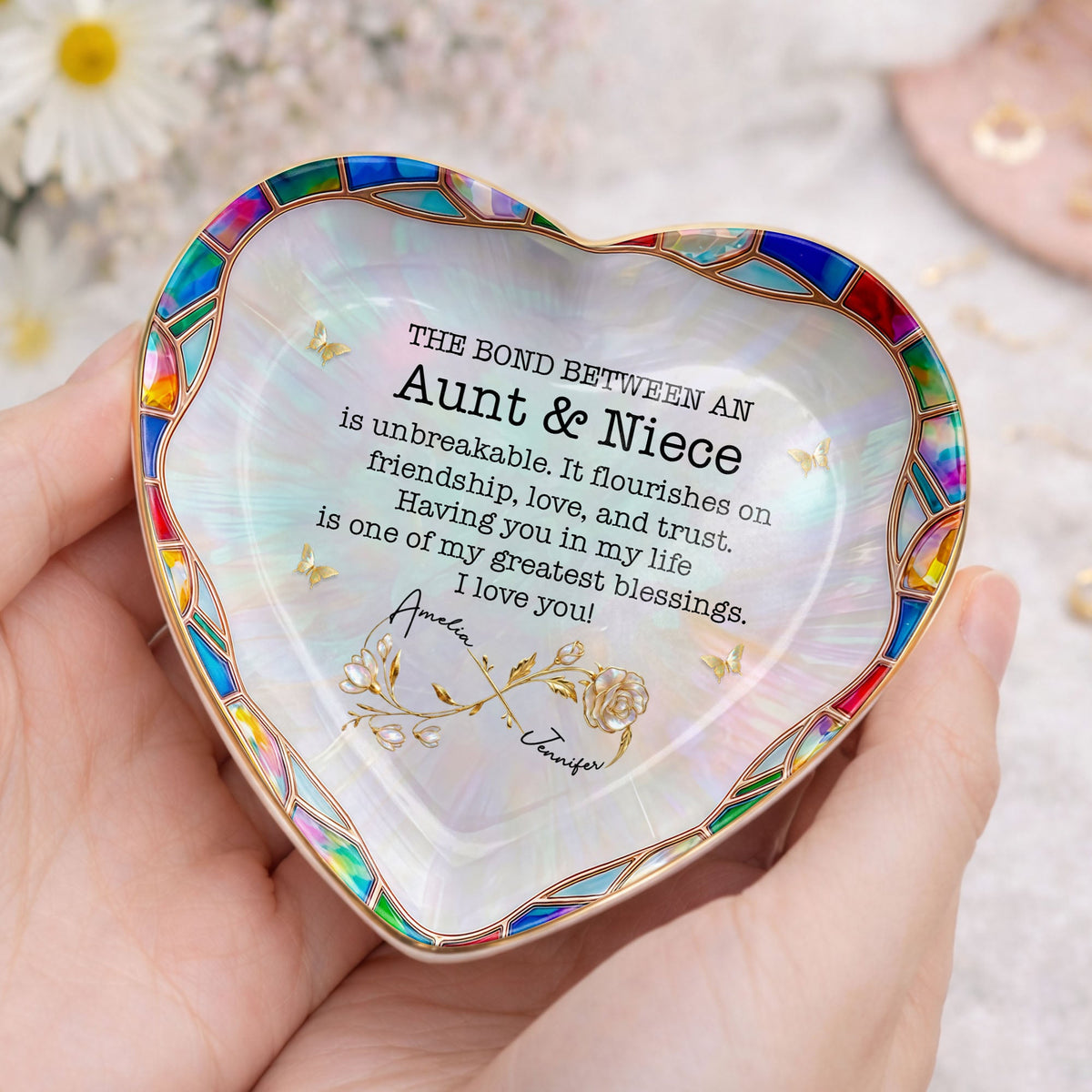 Aunt & Niece Bond - Personalized Heart-Shaped Jewelry Dish - Keepsake Gift with Names & Message