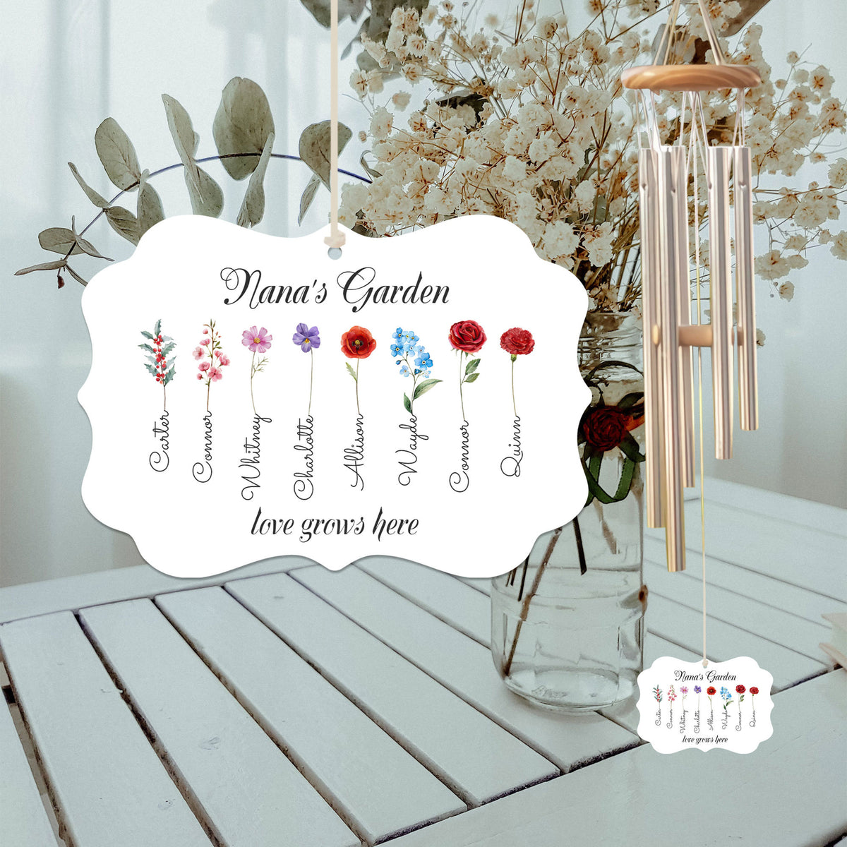 Birth Month Flower Wind Chime, Custom Kid Name, Mother's Day Gift, Grandma's Garden Wind Chime, Gift For Mom, Birth Flower, Family Gift