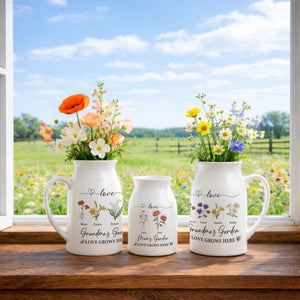 Personalized Grandma's Garden Birth Flower Vase, Custom Name Ceramic Flower Vase, Mothers Day Gift, Anniversary Gift, Floral Home Decor