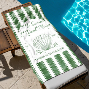 Custom The Summer I Turned Birthday Beach Towel, Birthday Party Beach Towels, Summer 20th 30th 40th Birthday Gift, Bachelorette Towels
