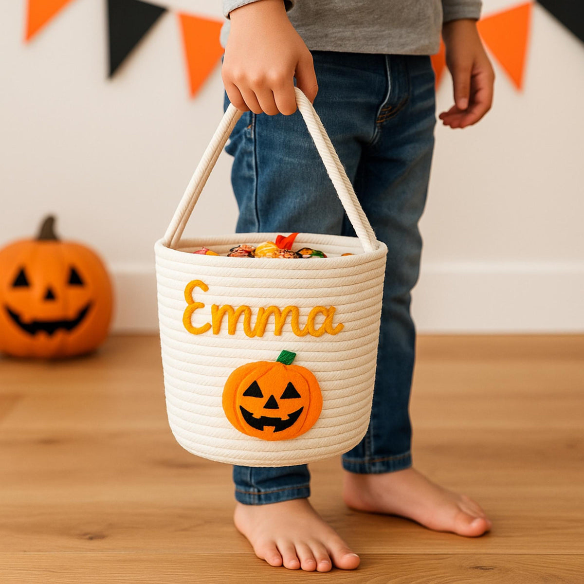 Custom Halloween Candy Basket Name Embroidery, Trick or Treat Tote Bag, Kids Pumpkin Bucket, Soft Rope Halloween Decor Bag, Halloween Gifts