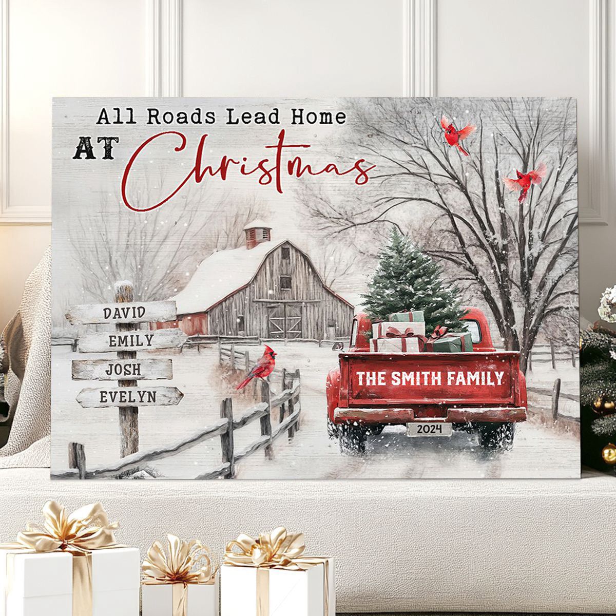 Customizable All Roads Lead Home at Christmas Canvas / Poster - Personalize Names & Year