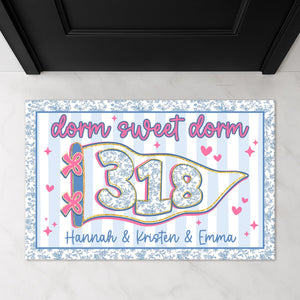 Personalized Blue Chinoiserie Dorm Doormat: Custom Stripe Roommate Names Welcome Mat, College Apartment Decor, Girls Dorm Decor