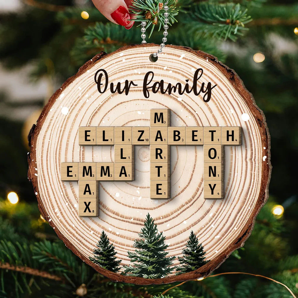 Christmas Tree Wood Pattern Family Names Puzzle Crossword - Personalized 2-Layer Wooden Ornament - Christmas Gift For Family