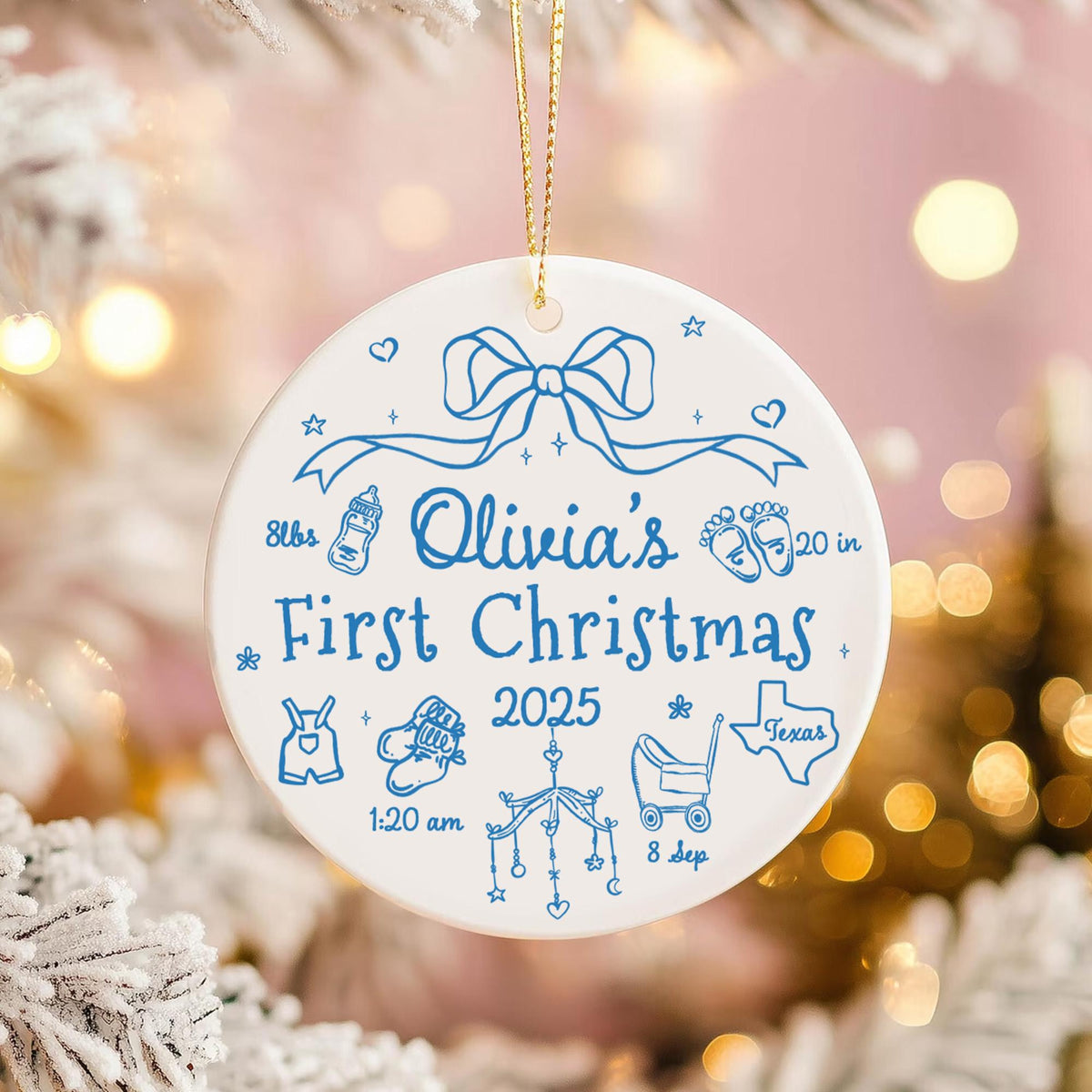 Personalized Baby First Christmas 2025 Ornament, Custom Baby Birth Stats Ornament, Baby Name Bow Ornament, New Baby Gift, Baby Newborn Gift