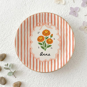 Personalized Birth Flower Custom Name Ring Dish, Stripe Vintage Style Jewelry Dish for Her Daughter Friends, Bridesmaid Proposal Gift