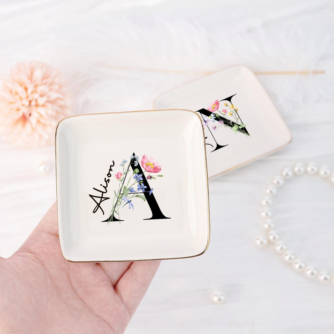 Coloful Flower Ring Dish with Letter, Personalized Initial Jewelry Dish with Name, Bridal Party Favors,Trinket Dish, Wedding Bridesmaid Gift