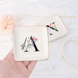 Coloful Flower Ring Dish with Letter, Personalized Initial Jewelry Dish with Name, Bridal Party Favors,Trinket Dish, Wedding Bridesmaid Gift