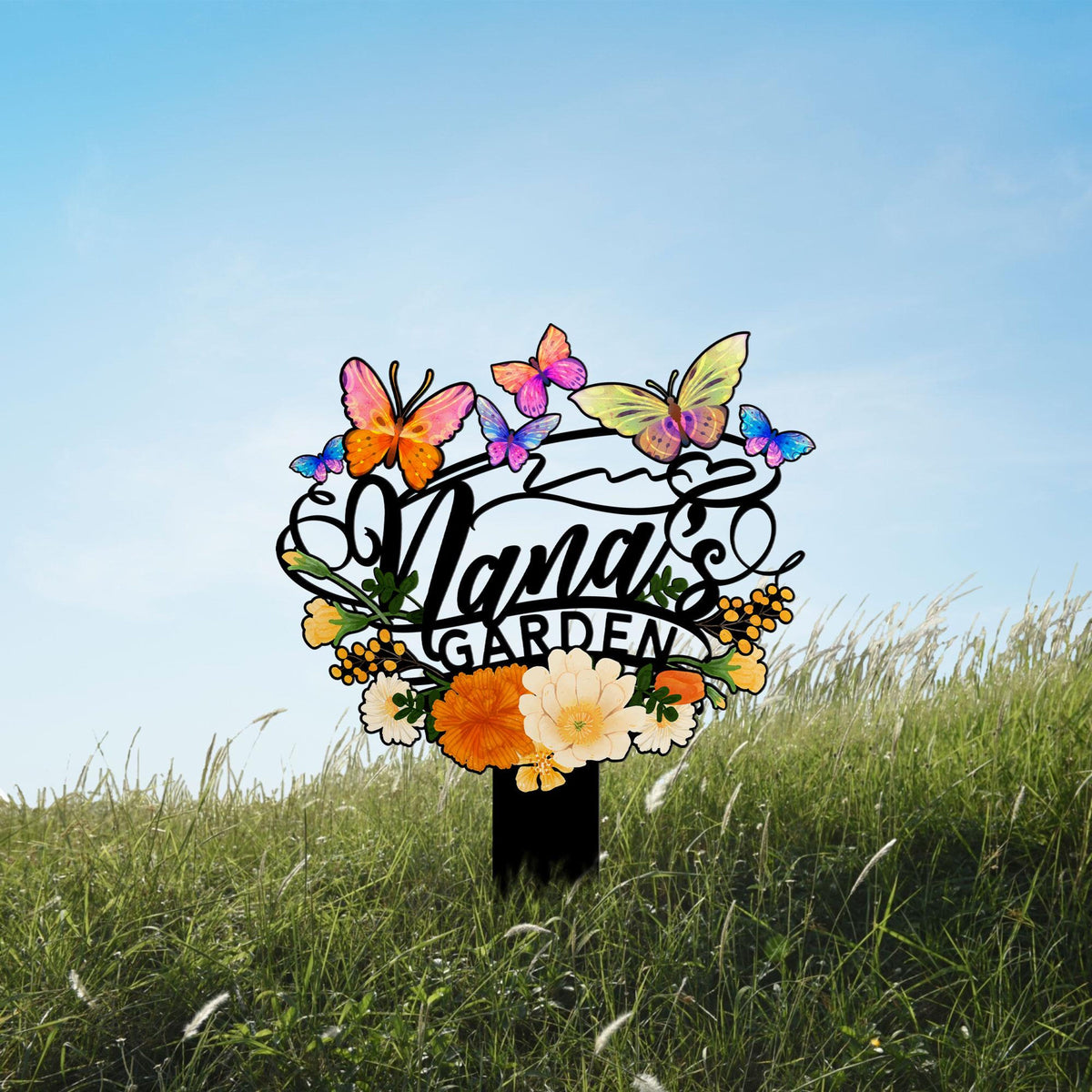 Personalized Garden Stake, Nana's Garden Sign with Butterflies and Flowers, Outdoor Metal Sign, Mother's Day Gift, Nana's Blessings With Butterflies