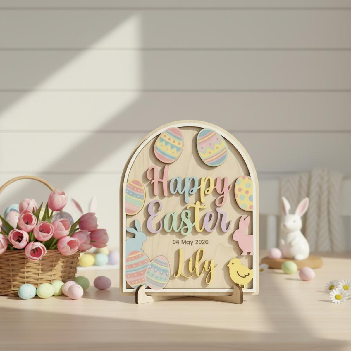 Happy Baby's First Easter Wood Sign, Custom Name & Color Easter Decor, Wooden Plaque with Stand, Kids Keepsake Gift, Easter's Day Baby