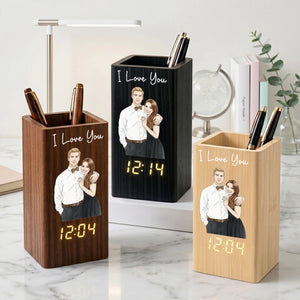 Custom Watercolor Photo - Personalized Pen Holder With Clock - Gift For Couple, Gift For Family