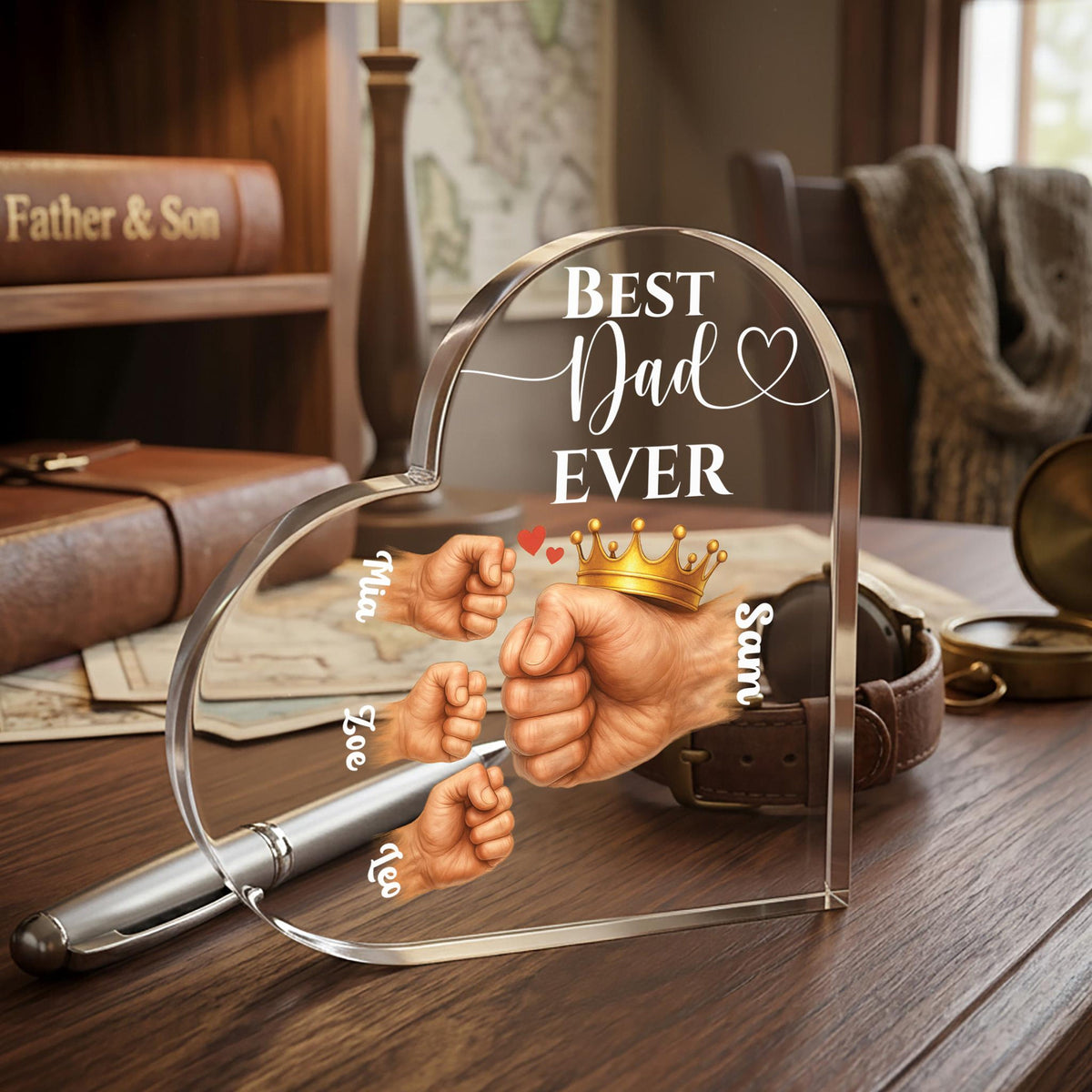 Personalized Father and Kids Fists Acrylic Heart Block, Custom Fathers Day Gift for Dad, Best Dad Ever Keepsake, Dad's Office Desk Decor