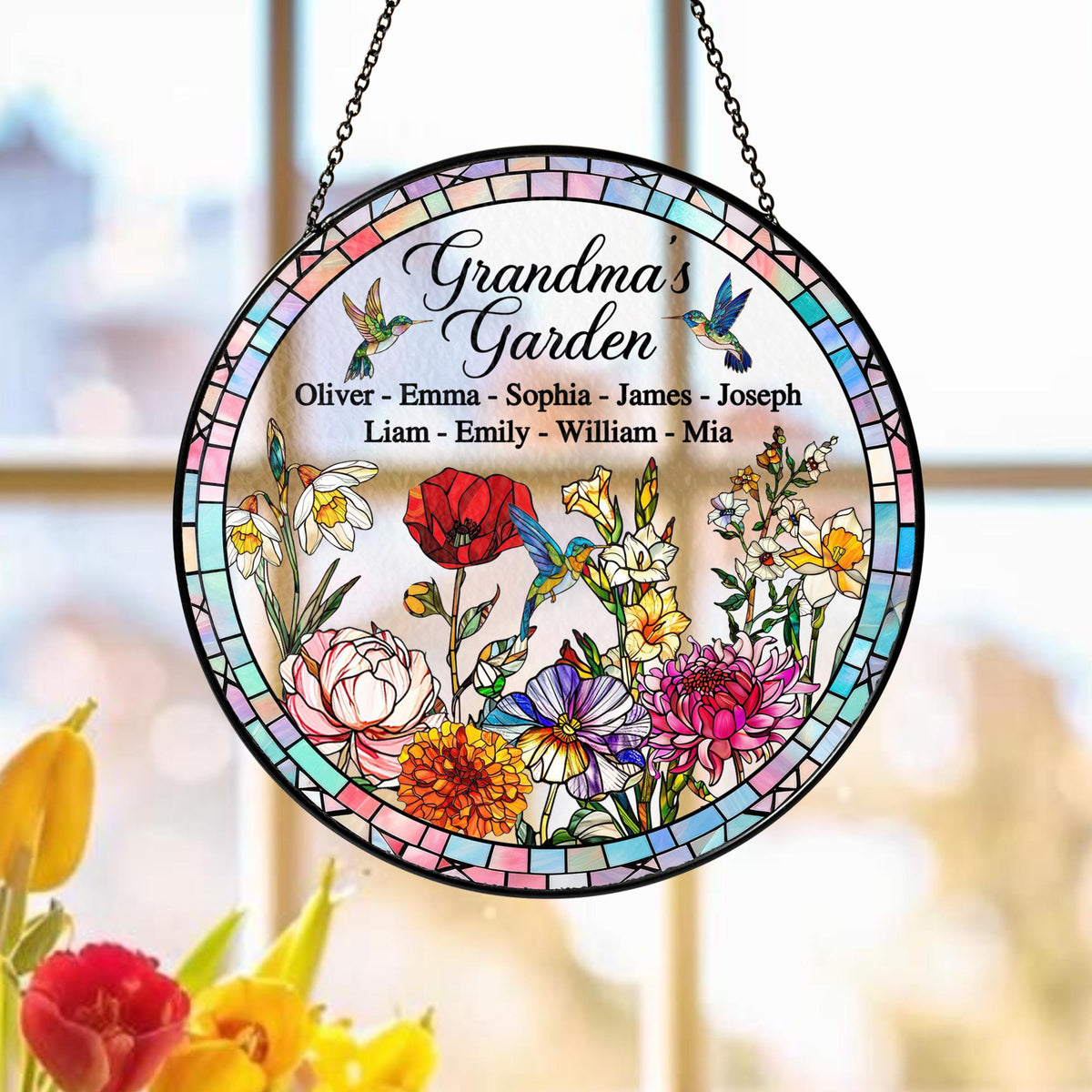Personalized Birth Month Flowers Stained Glass Suncatcher, Hummingbird Suncatcher, Custom Grandma's Garden Gift, Grandkids Name Flower