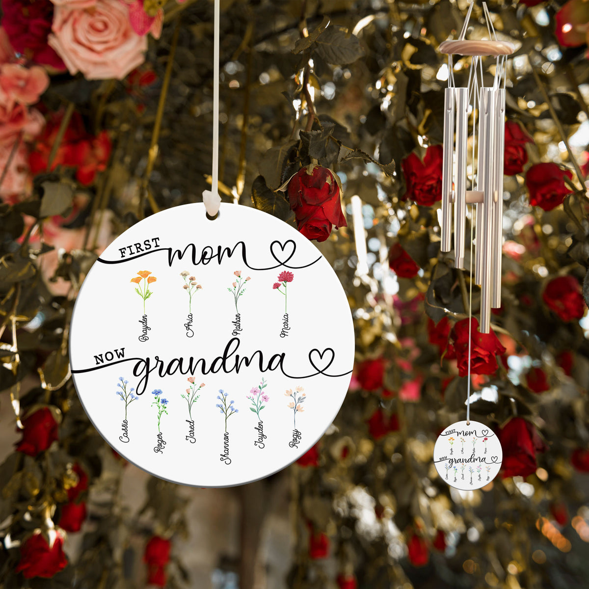 Personalized Grandma's Wind Chime, First Mom Now Grandma, Kid Name With Floral Sign, Grandma Gift Chime, Gift for Grandma, Home Decor