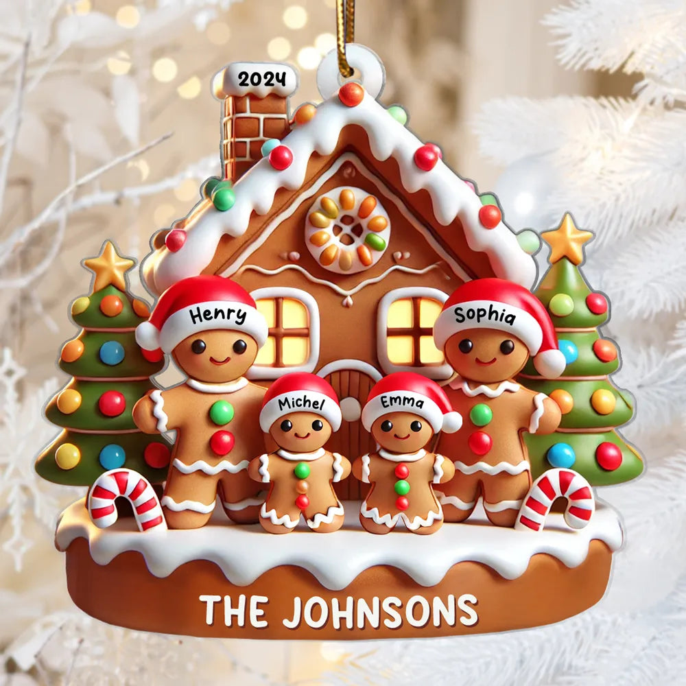 Gingerbread Family With Gingerbread House 3D Effect - Personalized Acrylic Ornament - Christmas Gift For Family
