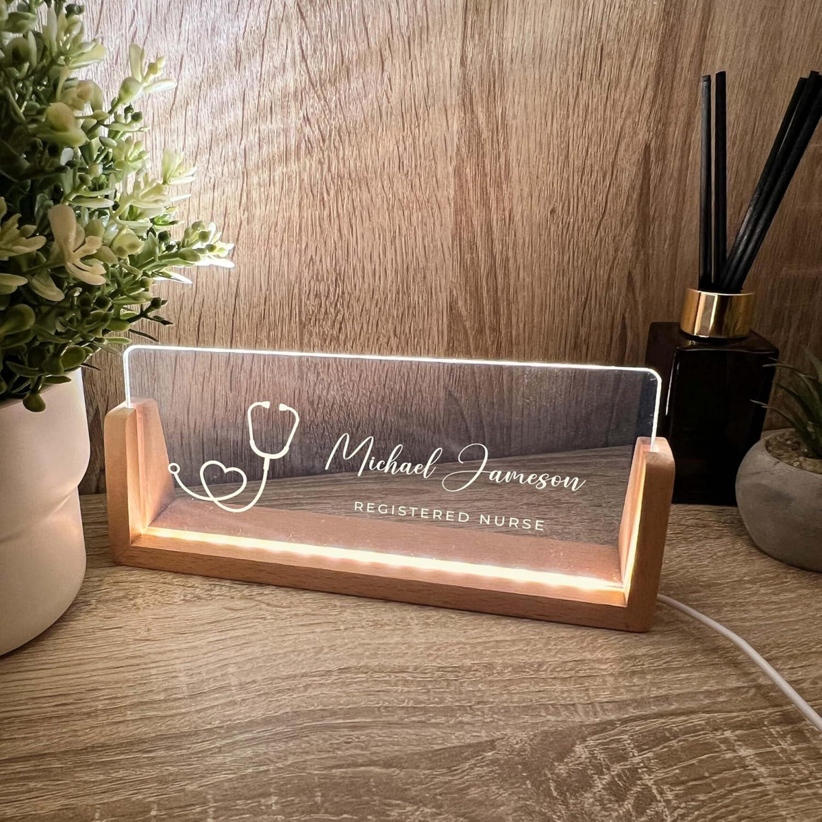 Personalized Name & Title Desk Plate Stand, Stethoscope Symbol Professional Medical Nurse Nursing, Office Sign LED Light Nameplate Gift