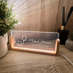 Personalized Name & Title Desk Plate Stand, Stethoscope Symbol Professional Medical Nurse Nursing, Office Sign LED Light Nameplate Gift
