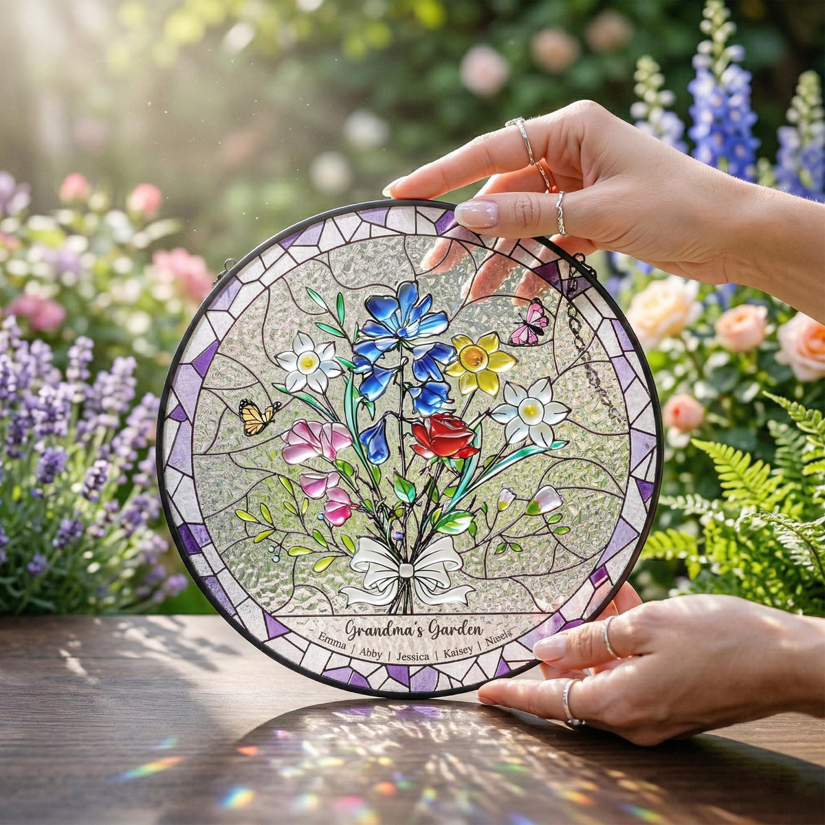 Personalized Birth Flower Stained Glass Suncatcher with 3D Raised Detail, Family Bouquet Window Hanging, Mothers Day Gift for Mom or Grandma