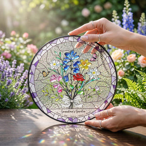 Personalized Birth Flower Stained Glass Suncatcher with 3D Raised Detail, Family Bouquet Window Hanging, Mothers Day Gift for Mom or Grandma