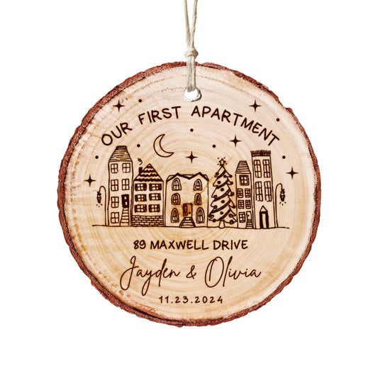 Custom Apartment Warming Gift, Our First Apartment Wooden Christmas Ornament, New Address Ornament, New Home Gift for Couples