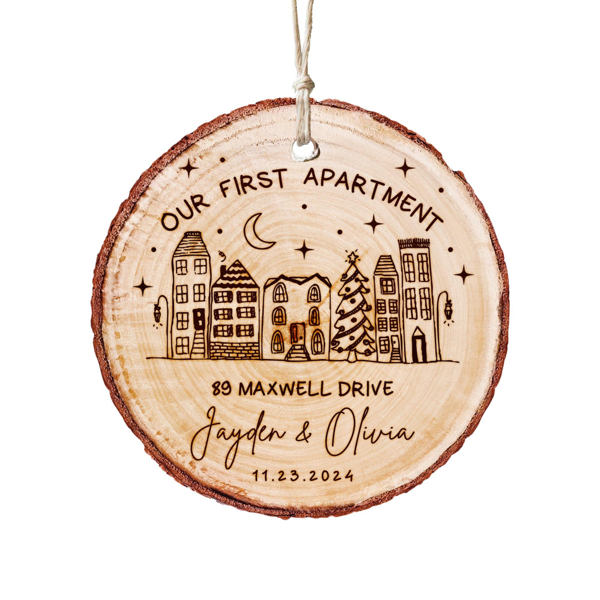 Custom Apartment Warming Gift, Our First Apartment Wooden Christmas Ornament, New Address Ornament, New Home Gift for Couples