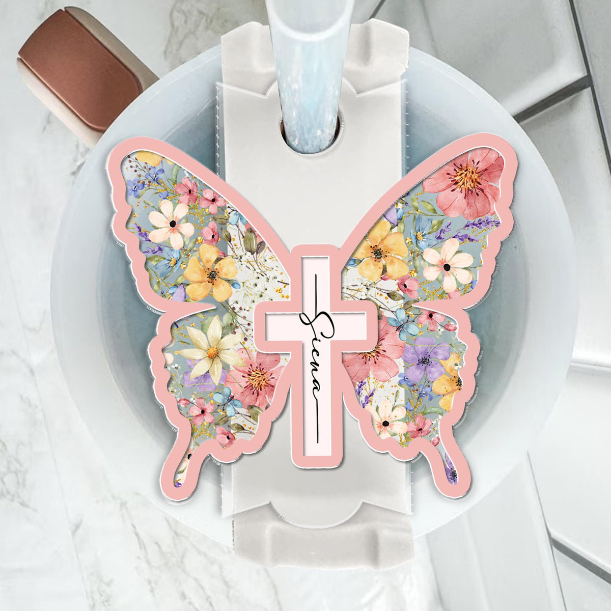 Personalized Butterfly Cross Christian Tumbler Name Tag, Christian Girls Tumbler Tag, Faith Cross Lid Tag