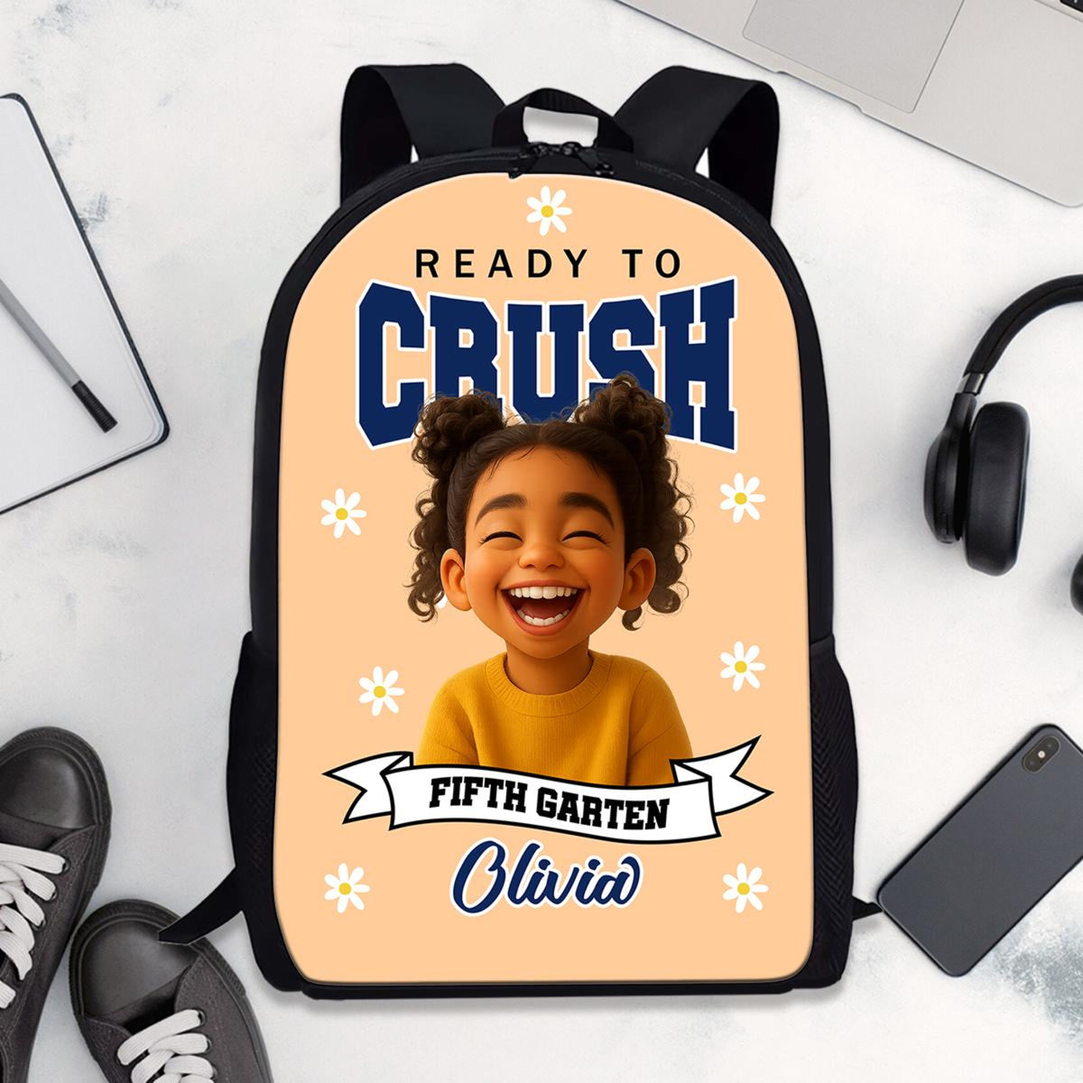 Personalized Ready To Crush Backpack With Custom Cartoon Photo, Name & Grade, Back To School Gift For Girls, Cute Kindergarten Bag