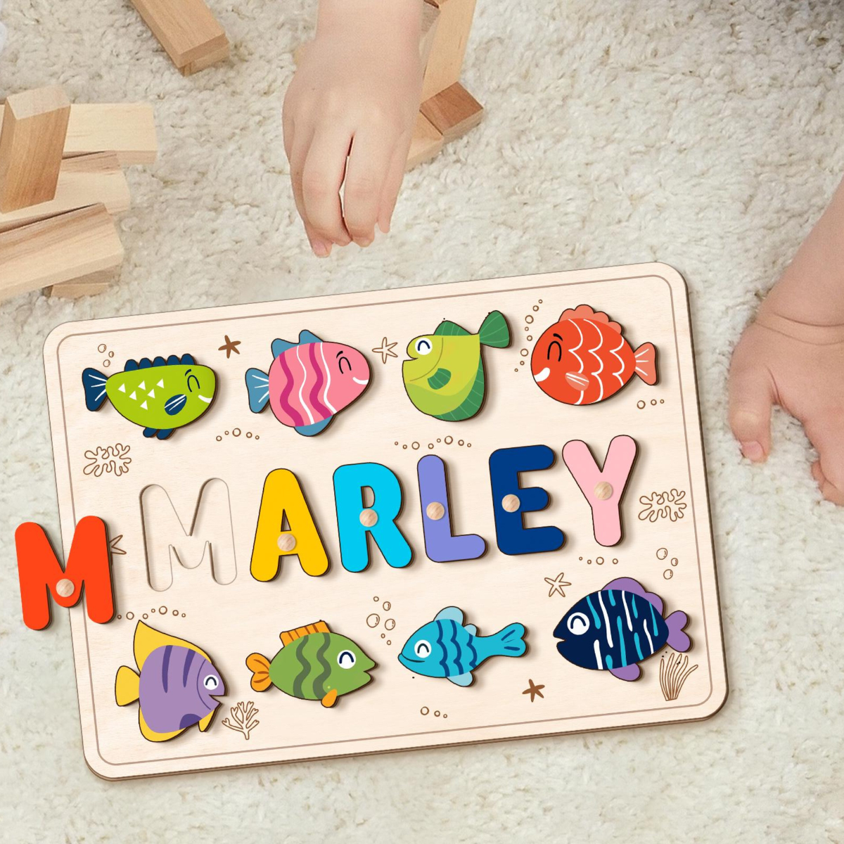 Ocean Life Name Puzzle with Fish, Wood Name Puzzle, Custom Handmade Name Puzzle, Birthday Gifts for Toddler, Montessori Board, Nursery Decor