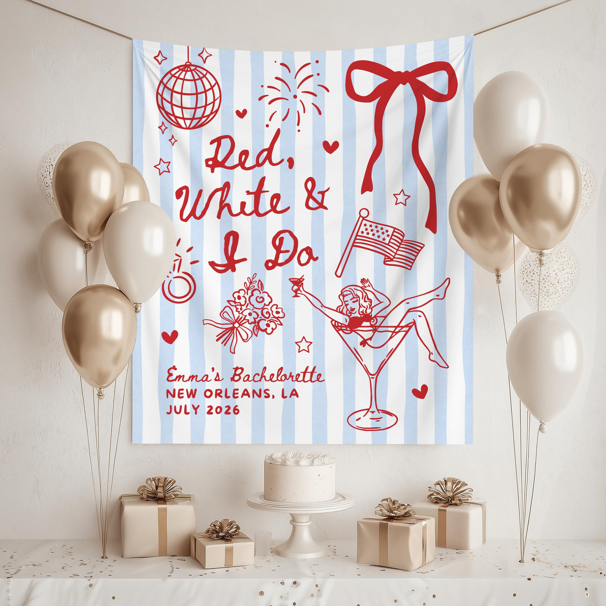 Red White and I Do Bachelorette Banner, 4th of July Cocktail Party Decor, BBQ Bachelorette Backdrop, Bach Photo Booth, Martini Bridal Shower