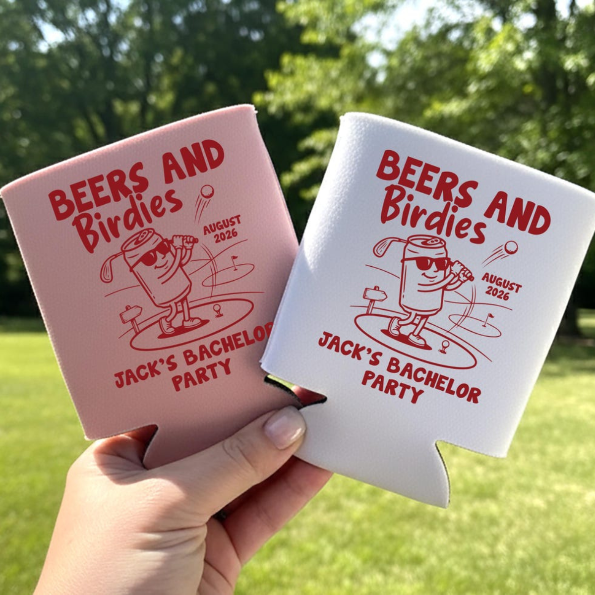 Beers and Birdies Can Cooler, Golf Party Favor, Custom Name Drink Sleeve, Golf Theme Gift, Groomsmen Party Favor, Bachelor Trip Gift