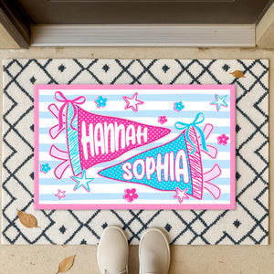 Personalized Pennant Name Dorm Welcome Mat: Preppy Bow Dorm Decor For College Girl, Best Roommate Gift, Stripped Apartment Decor For Bestie