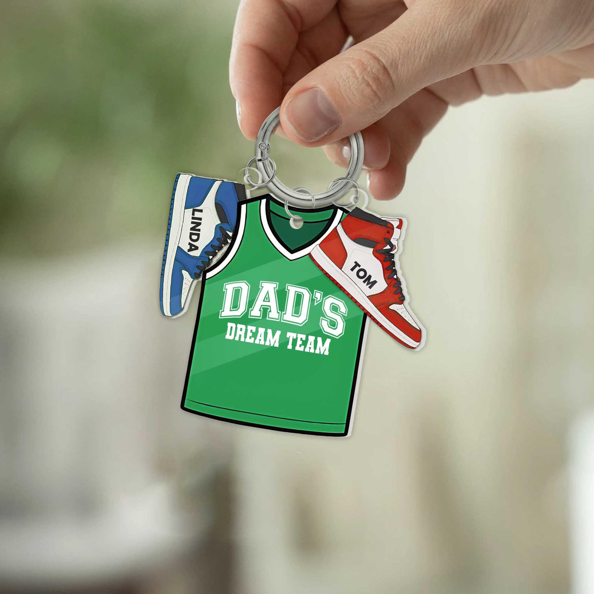 Dad's Dream Team Keychain, Personalized Basketball Jersey Gift with Kids' Sneaker Charms, Custom Father's Day Gift for Sports Dads