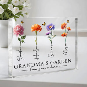 Grandma's Garden 3D Effect Birth Month Flowers - Personalized Acrylic Block Plaque - Gift For Mom, Grandma, Mother's Day Gift