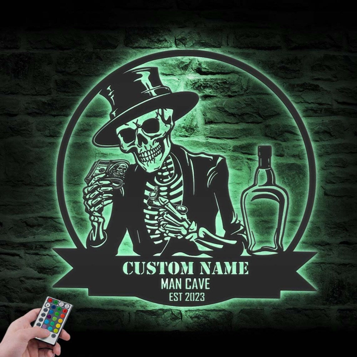 Custom Skeleton Bourbon Cigar Dollars Metal Wall Art LED Light, Personalized Whiskey Bar Pub Name Sign Decor, Man Cave Halloween Decoration