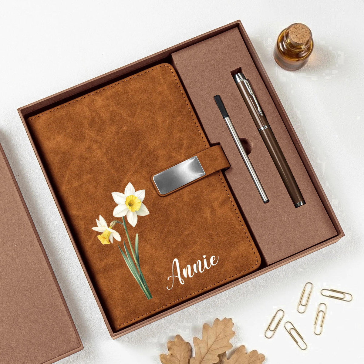 Personalized Birth Flower Leather Notebook With Pen, Custom Leather Journal For Daughter Graduation, Friend & Colleague Birthday Gift