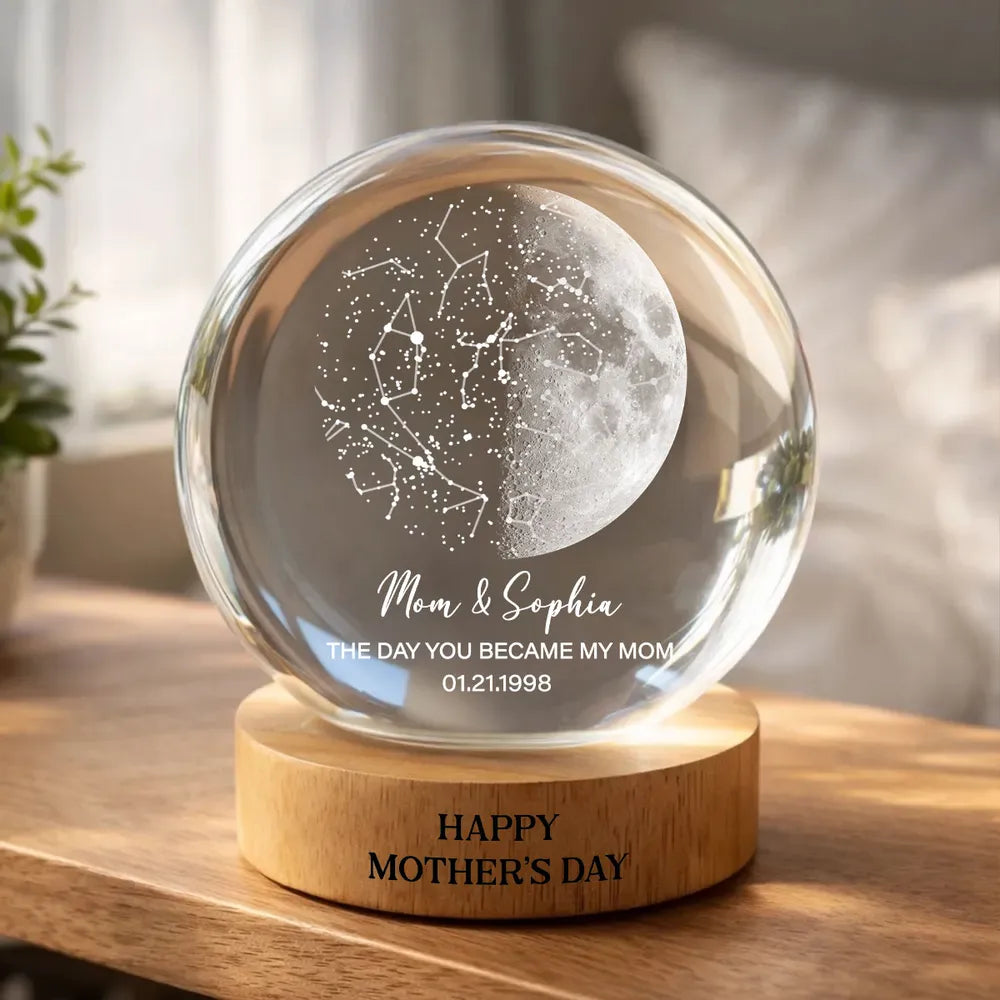Custom Moon Phase & Star Map by Date Engraved Wooden Base - Personalized Crystal Ball LED Night Light - Gift for Mom, Mother's Day Gift