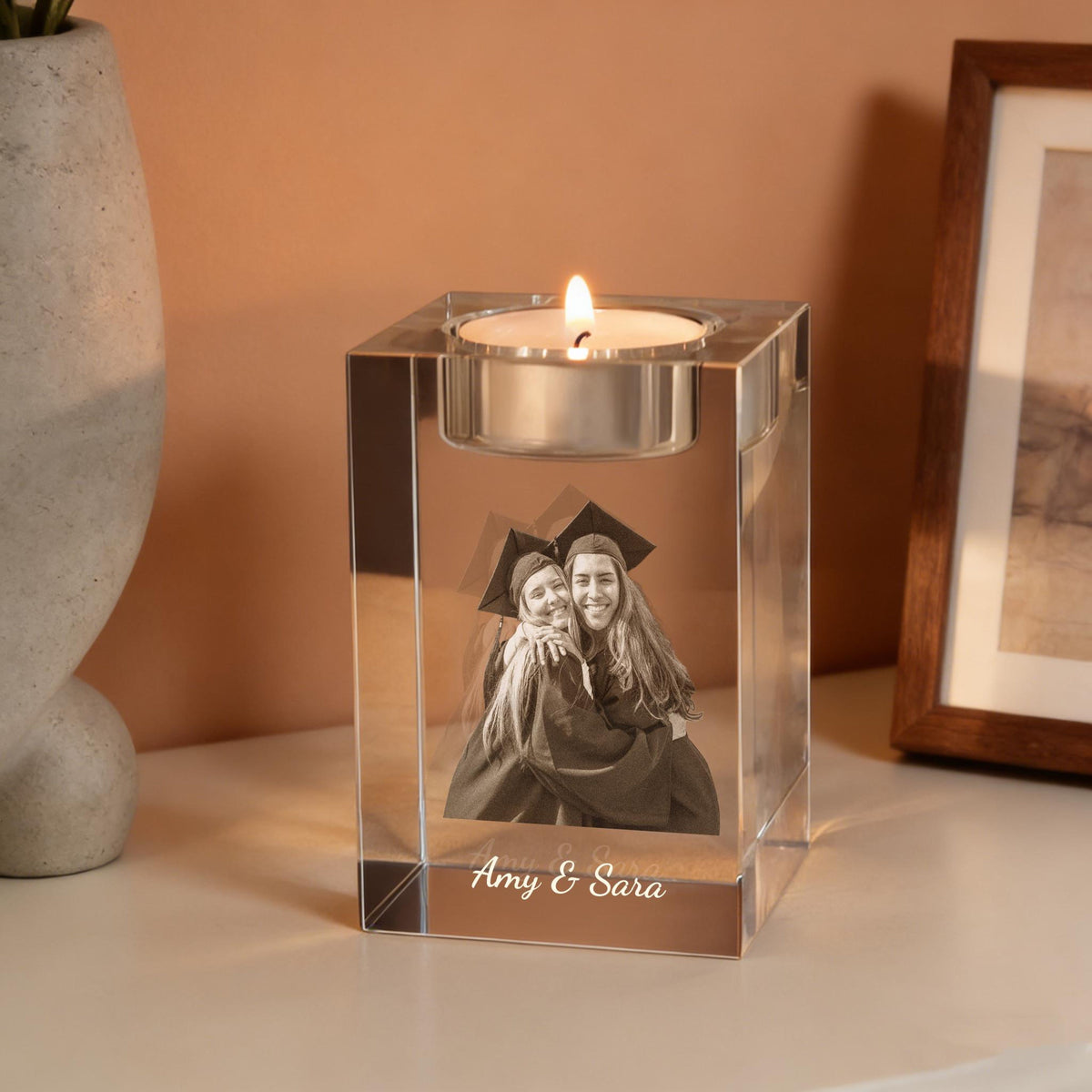 Custom 3D Crystal Photo Portrait, Engraved Crystal Photo With Candle Holder, 3D Crystal Photo Gift for Pet, Memorial Candle Votive, Gift for Mum