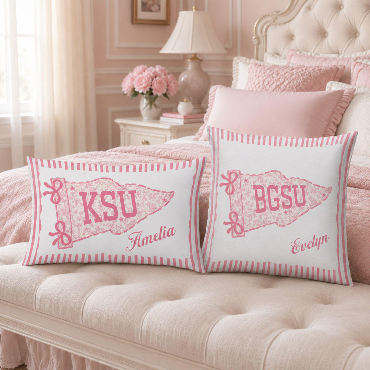 Personalized College Pillow, Custom Name Dorm Decor, Preppy Pennant Pillow, Floral Bow Pillow, Graduation Gift, College Bound Gift