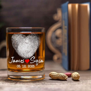 Personalized Fingerprint Heart Whiskey Glass, Custom Couple Gift