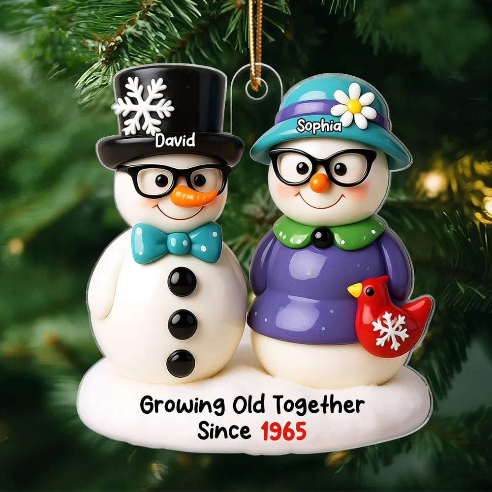 Snowman Couple Growing Old Together Personalized Acrylic Ornament, 3D Effect Ornament for Couple