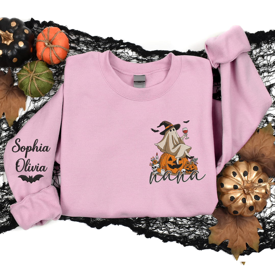 Embroidery Halloween Ghost Wine Witch Hat Pumpkin Fall Gift Grandma And Kids