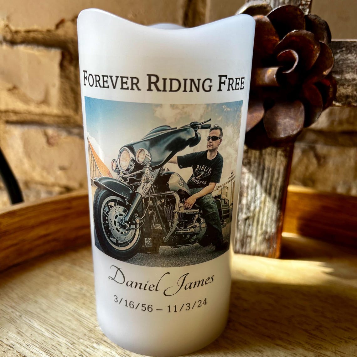 Forever Riding Free, Biker Memorial LED Candle Personalized with Name Dates Photo