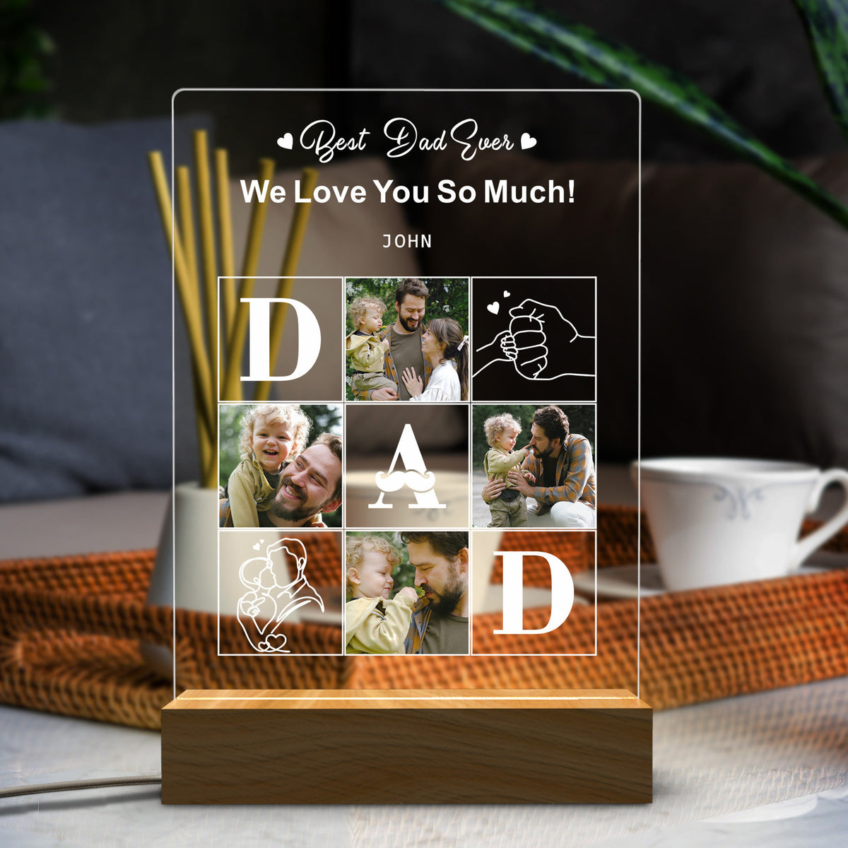 Best Dad Ever Photo Collage - Personalized 3D LED Light Wooden Base - Gift For Father