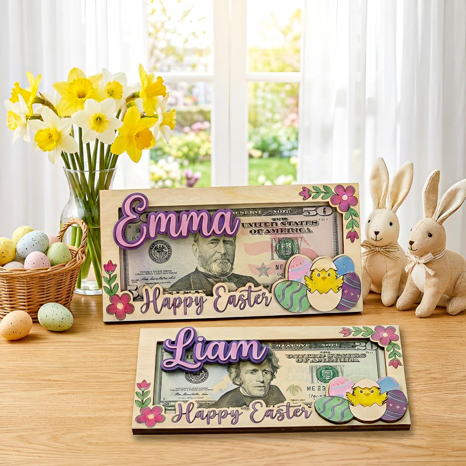 Personalized Easter Money Holder, Custom Wooden Cash Gift Frame for Kids, Bunny Egg Easter Gift Decor, Easter Bunny Wooden Card, Easter Gift