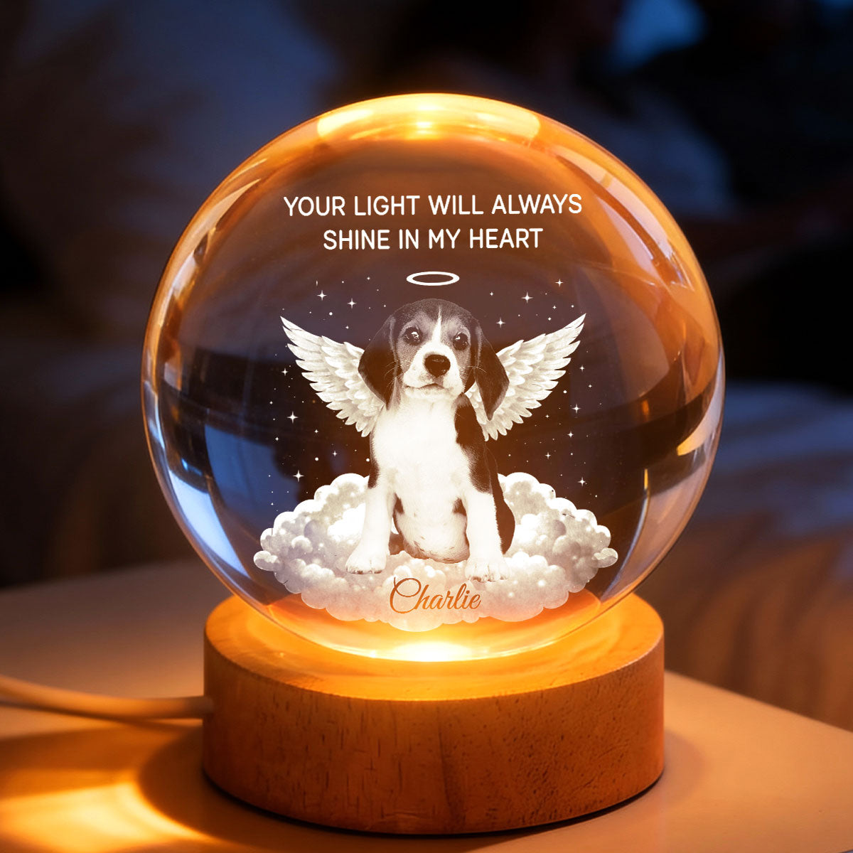 Your Light Will Always Shine in My Heart - Personalized Crystal Ball LED Night Light - Pet Memorial Gift