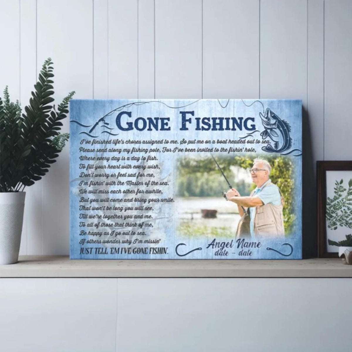 Memorial Gone Fishing - Personalized Canvas - Sympathy Gift for Family, Memorial Father Grandpa