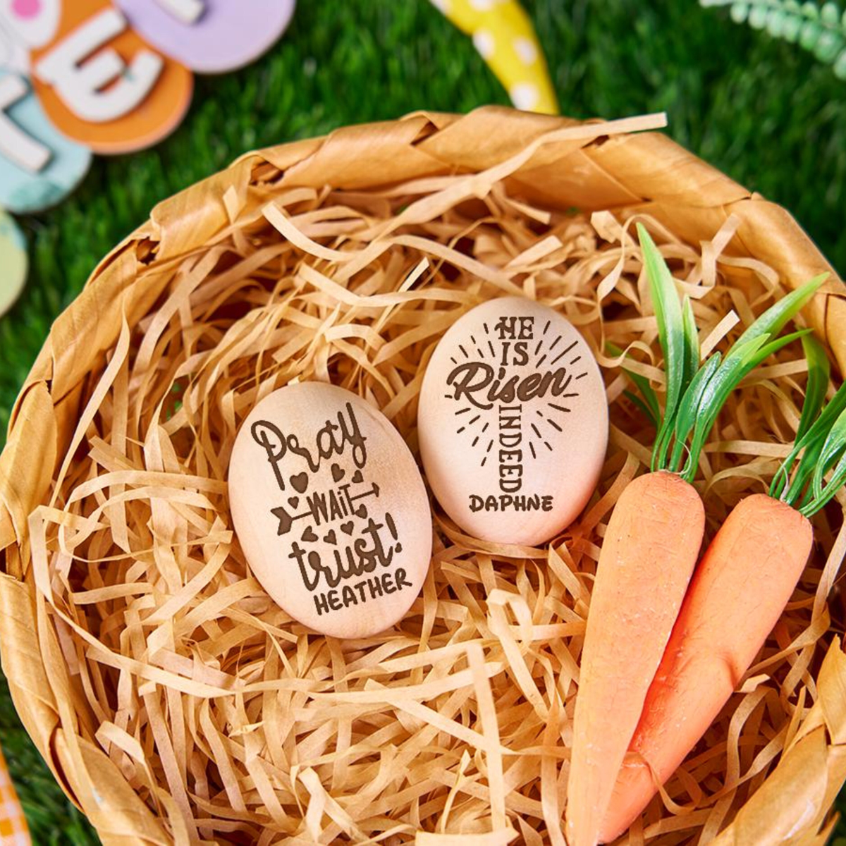 Personalized Engraved Easter Eggs Custom Easter Basket Fillers Wooden Egg Shaker Baby First Easter Table Centerpiece Decor Memory Keepsakes