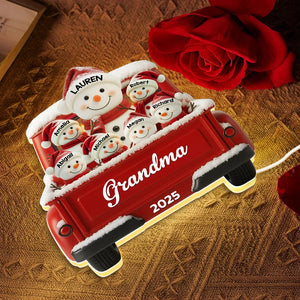 Snowman Grandma & Kids Christmas Red Truck - Personalized Acrylic Light Box - Christmas Gift For Mom, Grandma