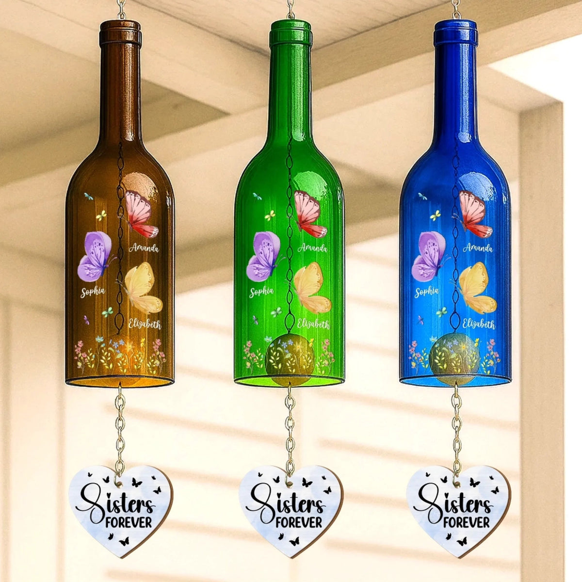 Sisters Birth Month Butterflies - Personalized Wine Bottle Wind Chime - Birthday Gift For Sisters, Besties