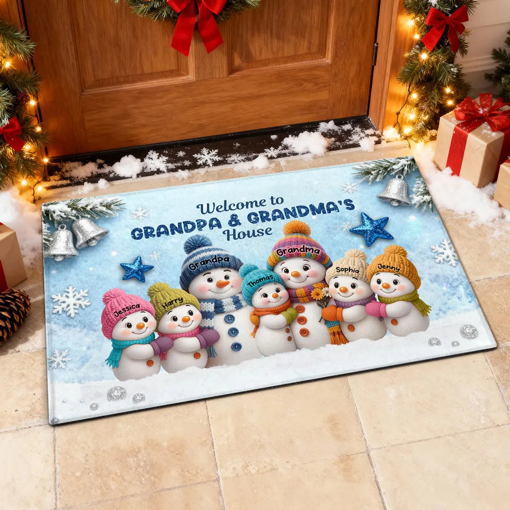 3D Effect Snowy Christmas Snowman Welcome To Grandma Grandpa House - Personalized Doormat - Christmas Gift For Grandma & Grandpa